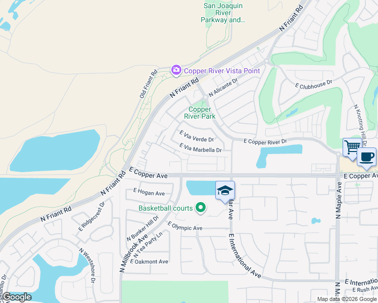 map of restaurants, bars, coffee shops, grocery stores, and more near 1287 East Via Azzurra Way in Fresno