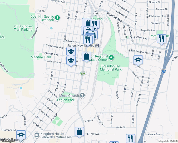 map of restaurants, bars, coffee shops, grocery stores, and more near 501-599 South 1st Street in Raton