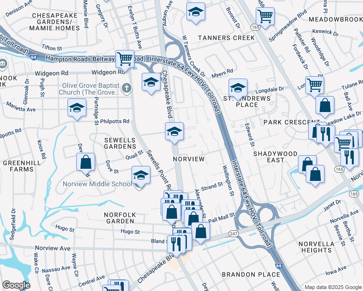 map of restaurants, bars, coffee shops, grocery stores, and more near 1208 Underwood Avenue in Norfolk