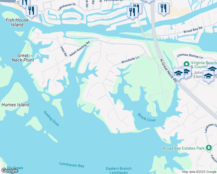 map of restaurants, bars, coffee shops, grocery stores, and more near 1880 South Woodside Lane in Virginia Beach