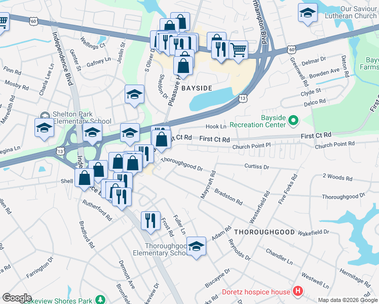 map of restaurants, bars, coffee shops, grocery stores, and more near 1700 Fletcher Mews in Virginia Beach