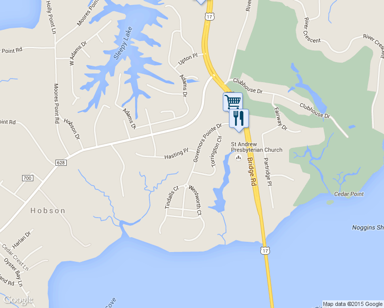 map of restaurants, bars, coffee shops, grocery stores, and more near 1925 Governors Pointe Drive in Suffolk