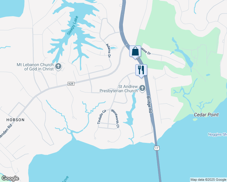 map of restaurants, bars, coffee shops, grocery stores, and more near 1925 Governors Pointe Drive in Suffolk
