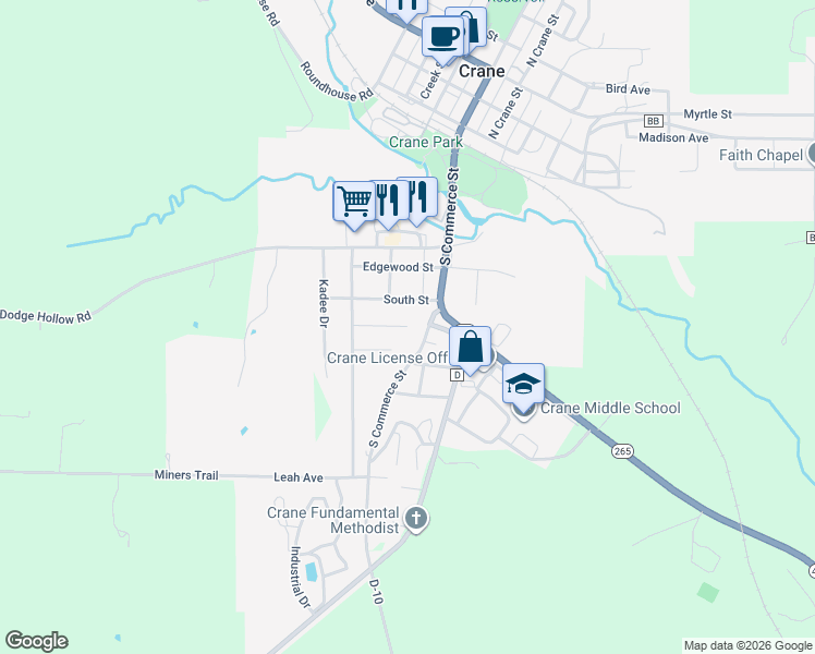 map of restaurants, bars, coffee shops, grocery stores, and more near 200 Circle Drive in Crane