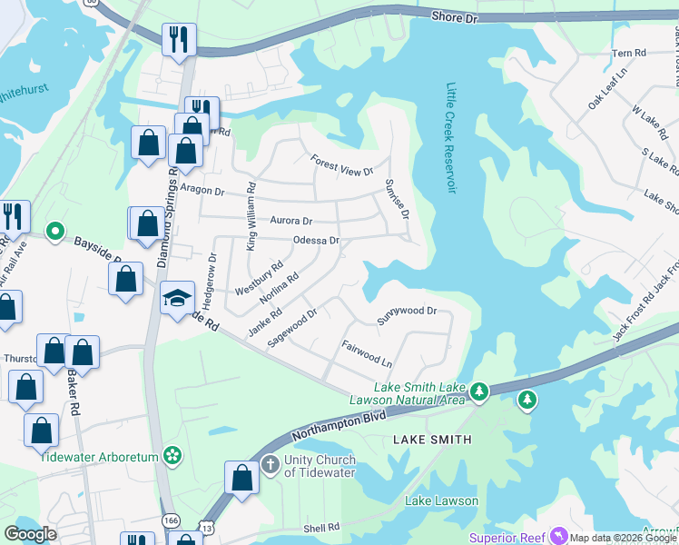 map of restaurants, bars, coffee shops, grocery stores, and more near 5520 Sunnywood Drive in Virginia Beach