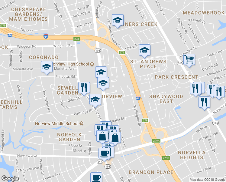 map of restaurants, bars, coffee shops, grocery stores, and more near 1230 Underwood Avenue in Norfolk