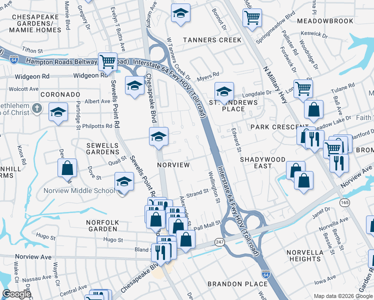 map of restaurants, bars, coffee shops, grocery stores, and more near 1260 Picadilly Street in Norfolk