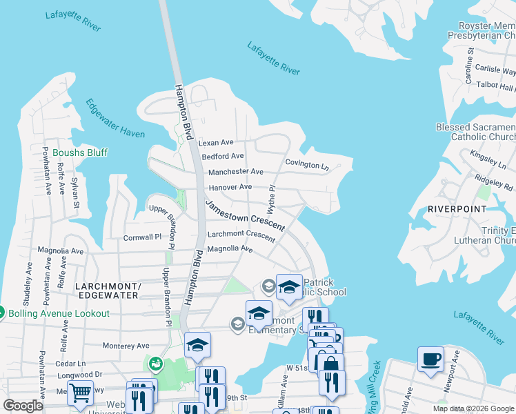 map of restaurants, bars, coffee shops, grocery stores, and more near 1034 Jamestown Crescent in Norfolk