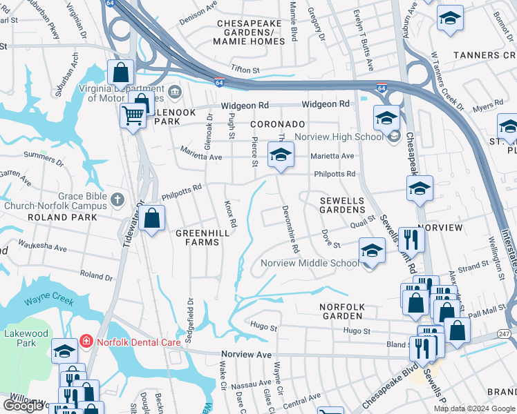map of restaurants, bars, coffee shops, grocery stores, and more near 6455 Horton Circle in Norfolk