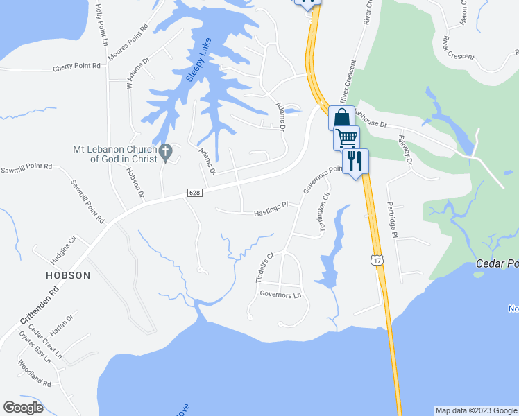map of restaurants, bars, coffee shops, grocery stores, and more near 409 Hastings Place in Suffolk
