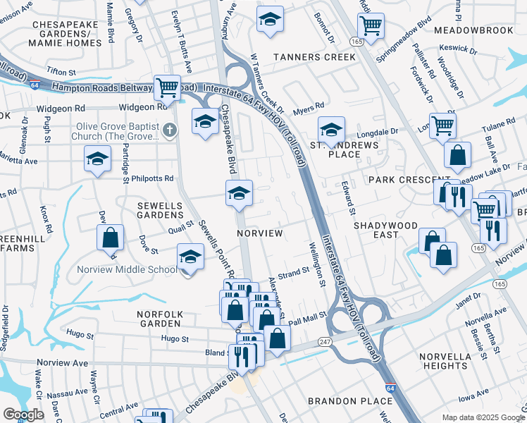 map of restaurants, bars, coffee shops, grocery stores, and more near 1232 Underwood Avenue in Norfolk