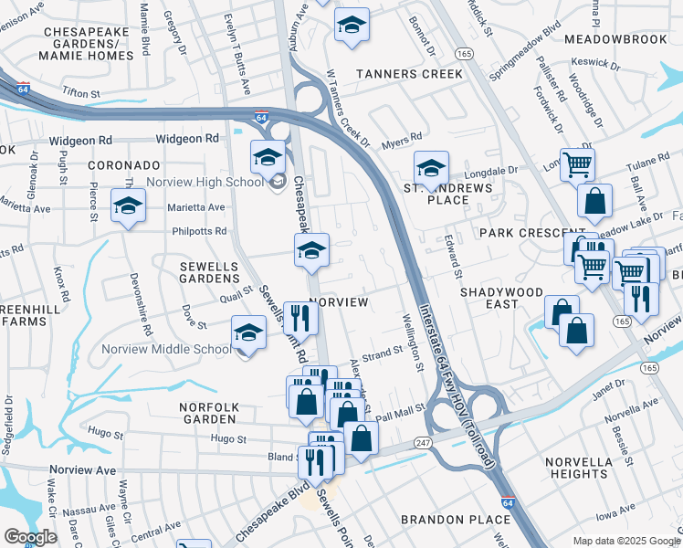 map of restaurants, bars, coffee shops, grocery stores, and more near 1230 Underwood Avenue in Norfolk