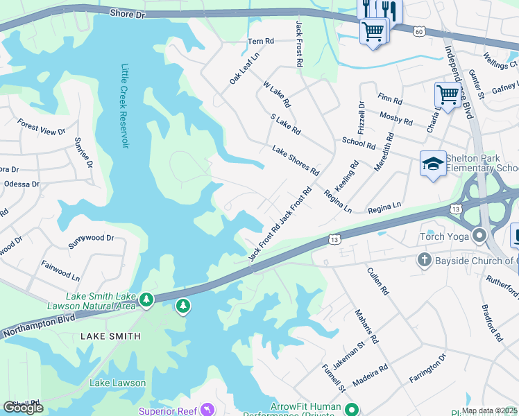 map of restaurants, bars, coffee shops, grocery stores, and more near 5125 Shenstone Drive in Virginia Beach