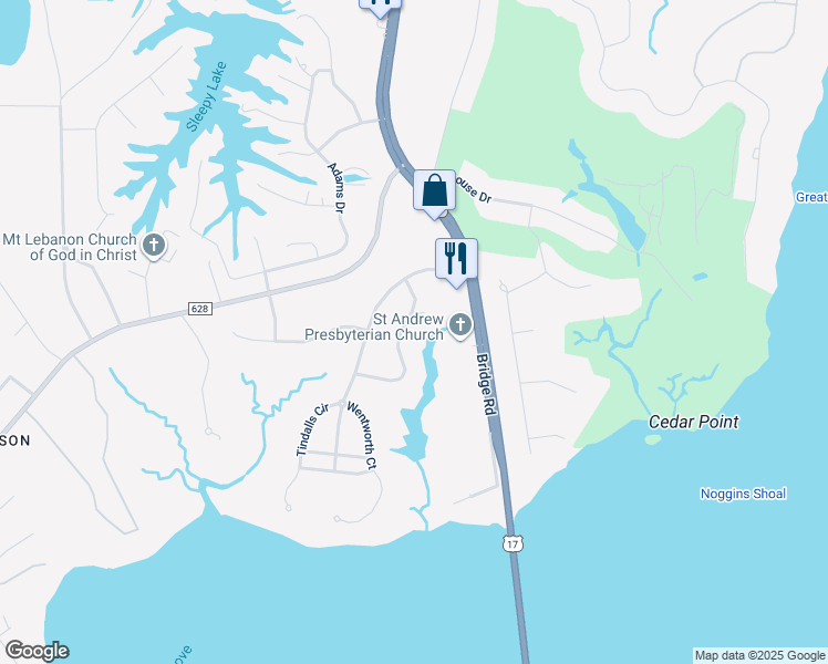 map of restaurants, bars, coffee shops, grocery stores, and more near 112 Tarrington Circle in Suffolk
