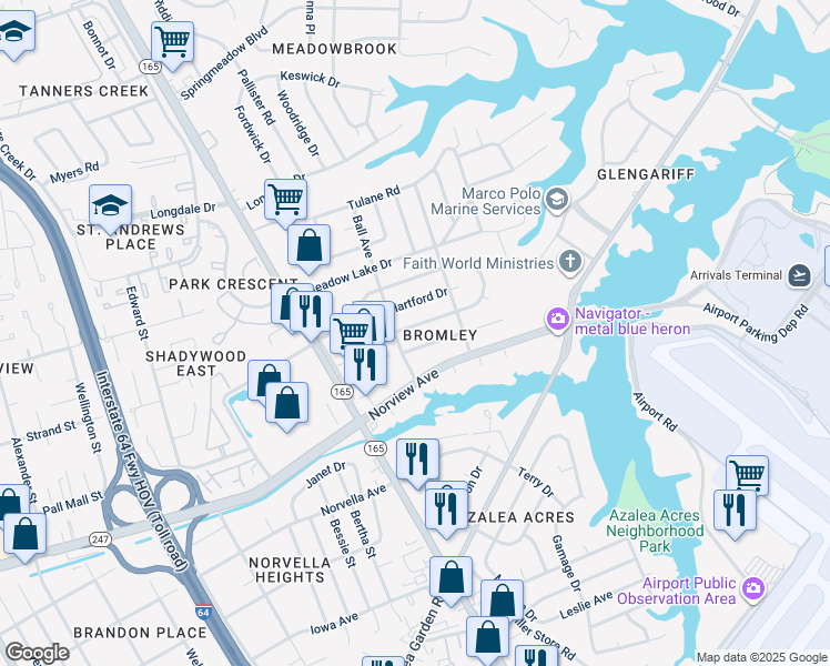 map of restaurants, bars, coffee shops, grocery stores, and more near 1809 South Lakeland Drive in Norfolk