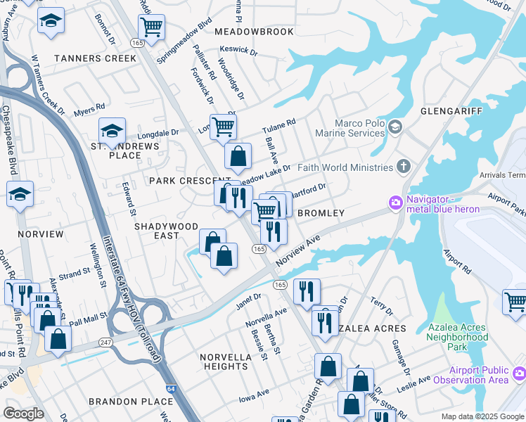 map of restaurants, bars, coffee shops, grocery stores, and more near 6220 Colgate Avenue in Norfolk