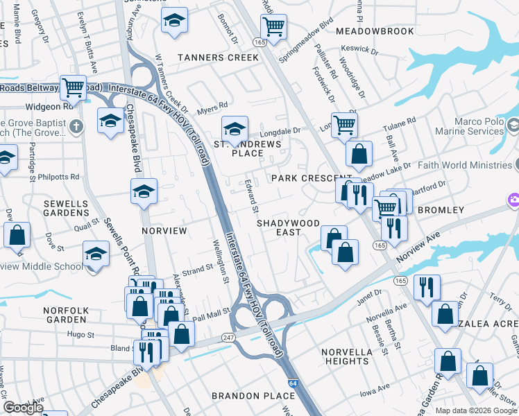 map of restaurants, bars, coffee shops, grocery stores, and more near 6352 Edward Street in Norfolk