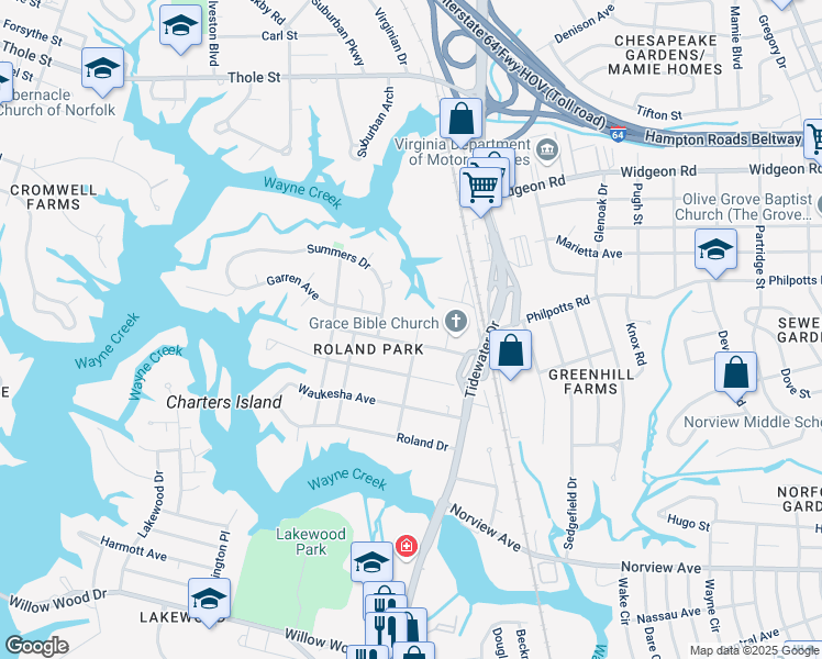 map of restaurants, bars, coffee shops, grocery stores, and more near 635 Muskogee Avenue in Norfolk