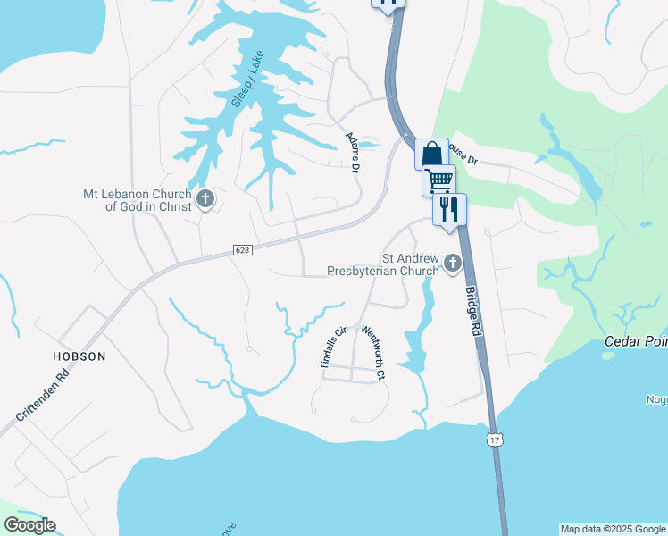 map of restaurants, bars, coffee shops, grocery stores, and more near 407 Hastings Place in Suffolk