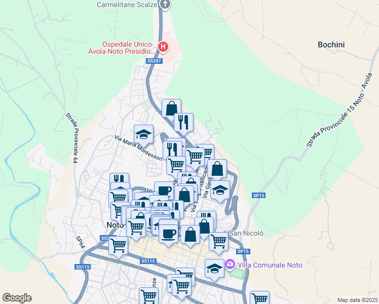 map of restaurants, bars, coffee shops, grocery stores, and more near Vico G. Aleandro in Noto