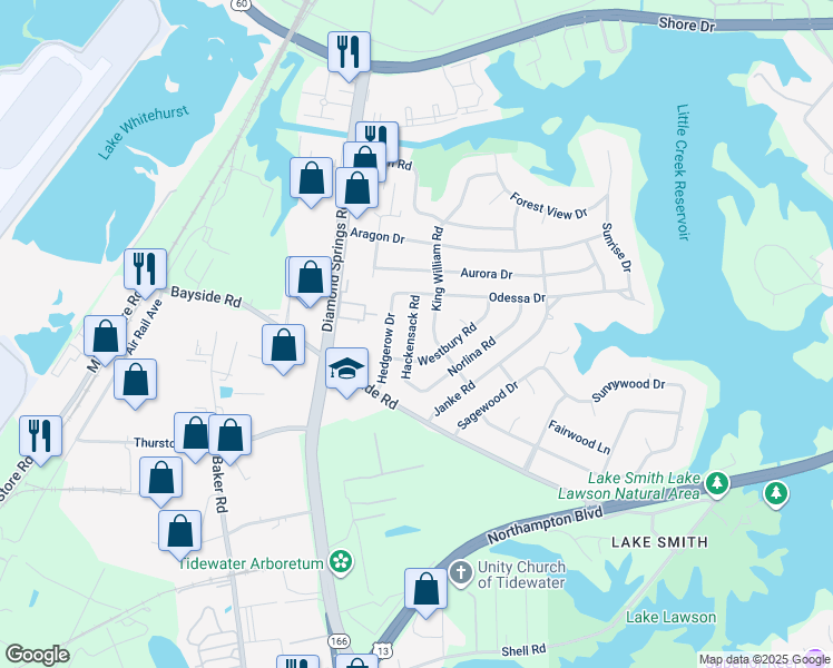 map of restaurants, bars, coffee shops, grocery stores, and more near 1512 Hackensack Road in Virginia Beach