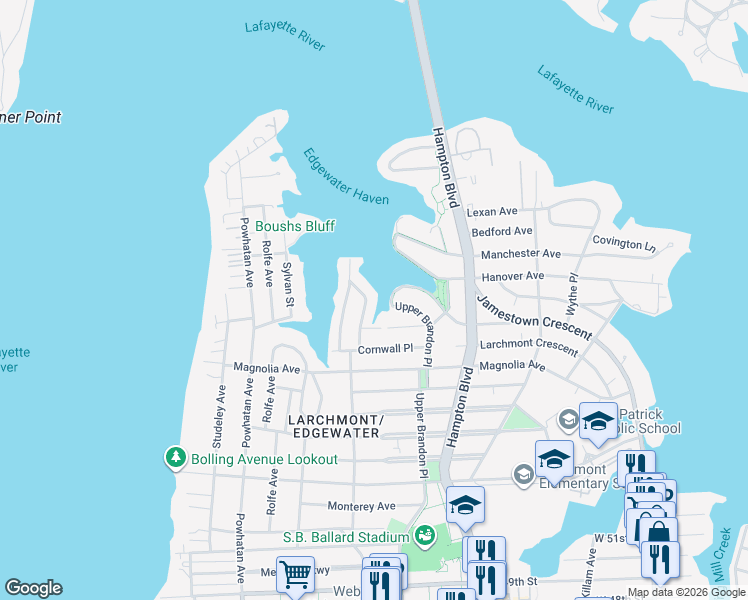 map of restaurants, bars, coffee shops, grocery stores, and more near 1322 Sussex Place in Norfolk