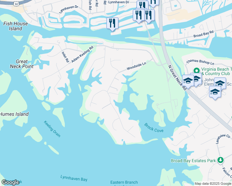 map of restaurants, bars, coffee shops, grocery stores, and more near 1880 South Woodside Lane in Virginia Beach