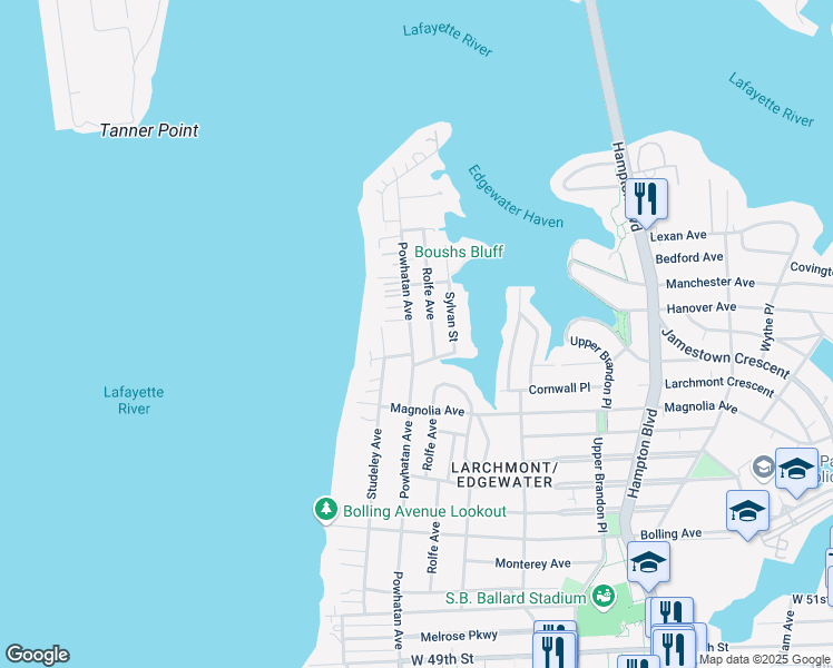 map of restaurants, bars, coffee shops, grocery stores, and more near 6109 Powhatan Avenue in Norfolk