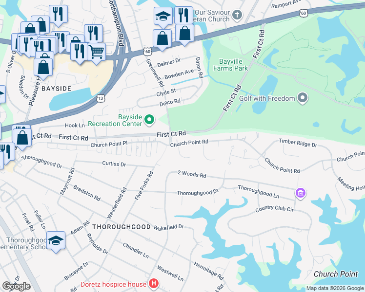 map of restaurants, bars, coffee shops, grocery stores, and more near 1712 Hungers Parish Court in Virginia Beach