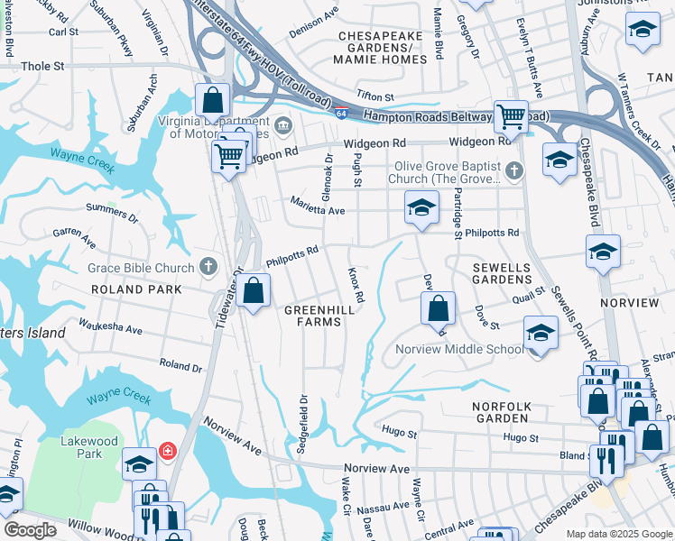 map of restaurants, bars, coffee shops, grocery stores, and more near 6376 Glenoak Drive in Norfolk