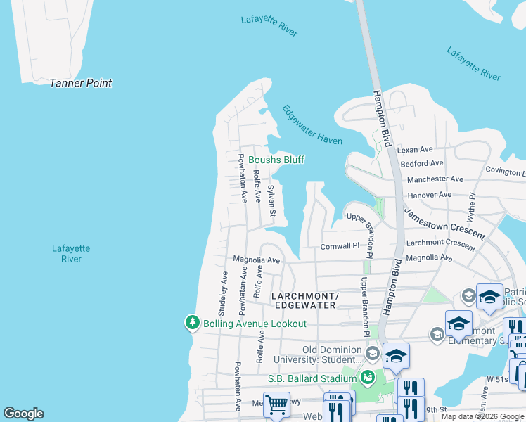 map of restaurants, bars, coffee shops, grocery stores, and more near 6101 Sylvan Street in Norfolk