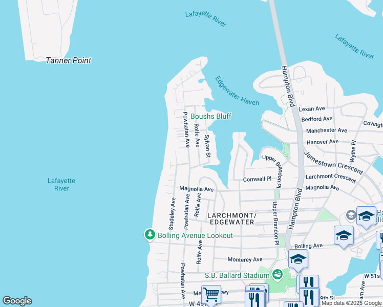 map of restaurants, bars, coffee shops, grocery stores, and more near 6109 Powhatan Avenue in Norfolk