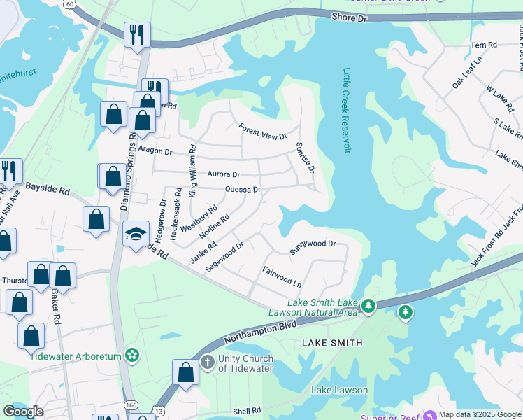 map of restaurants, bars, coffee shops, grocery stores, and more near 1632 Janke Road in Virginia Beach
