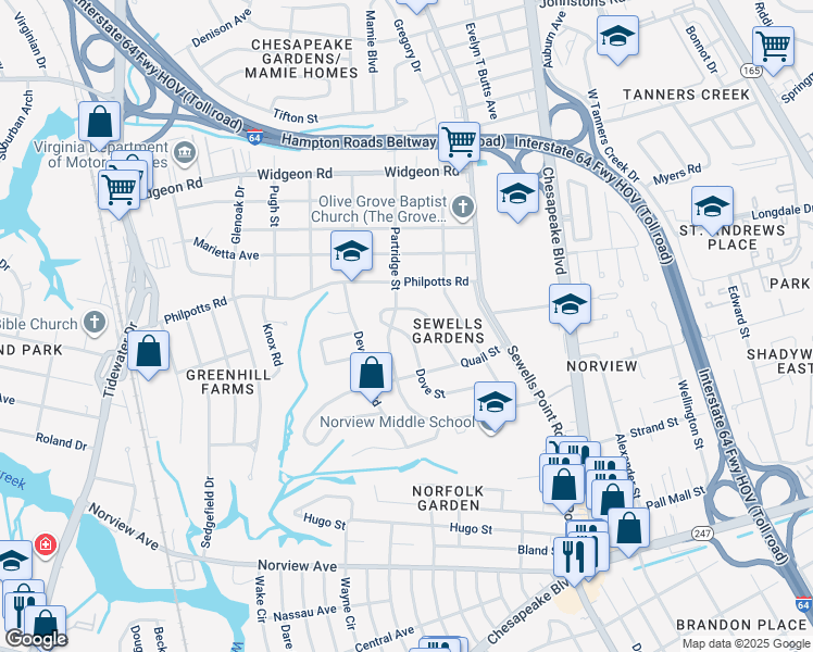 map of restaurants, bars, coffee shops, grocery stores, and more near 6440 Dove St in Norfolk