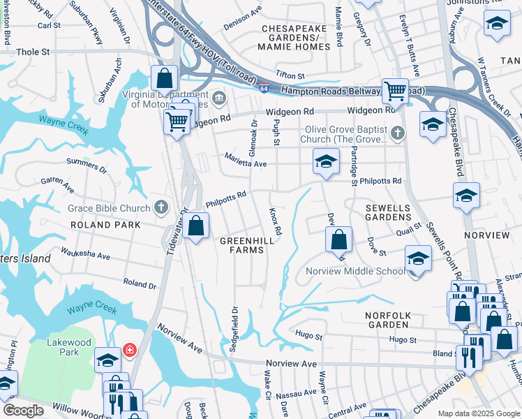 map of restaurants, bars, coffee shops, grocery stores, and more near 6376 Glenoak Drive in Norfolk