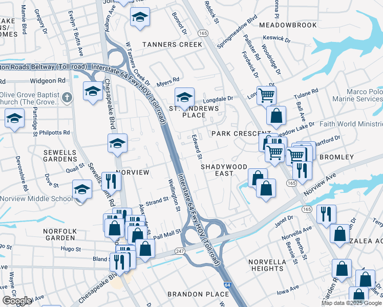 map of restaurants, bars, coffee shops, grocery stores, and more near 1352 Picadilly Street in Norfolk