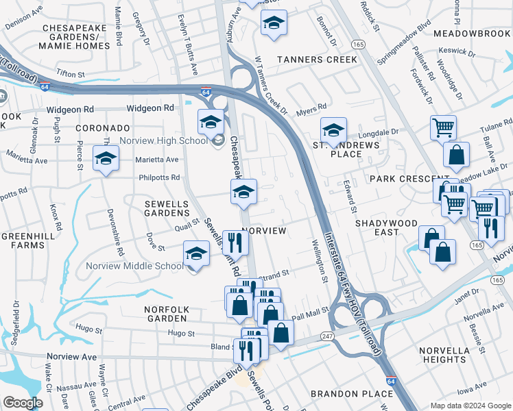 map of restaurants, bars, coffee shops, grocery stores, and more near 1215 Curie Court in Norfolk