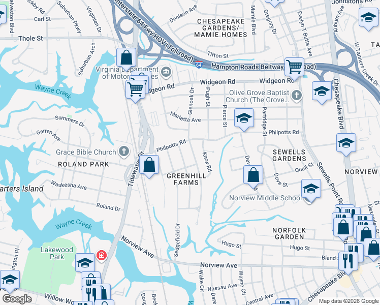 map of restaurants, bars, coffee shops, grocery stores, and more near 6407 Avon Road in Norfolk