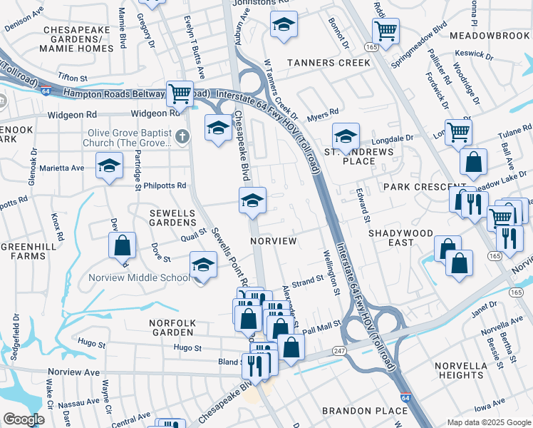 map of restaurants, bars, coffee shops, grocery stores, and more near 1215 Curie Court in Norfolk