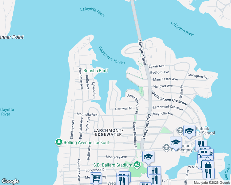 map of restaurants, bars, coffee shops, grocery stores, and more near 6037 Eastwood Terrace in Norfolk