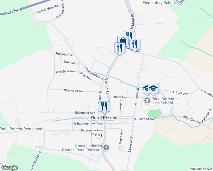 map of restaurants, bars, coffee shops, grocery stores, and more near 101 Locust Avenue in Rural Retreat