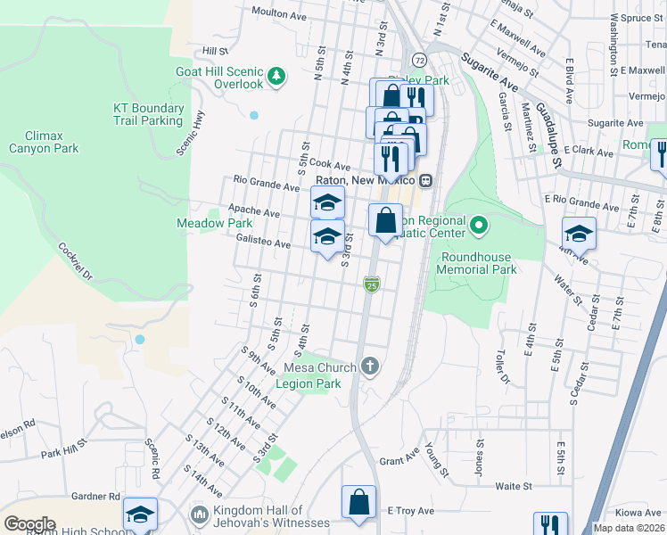 map of restaurants, bars, coffee shops, grocery stores, and more near 600 South 3rd Street in Raton
