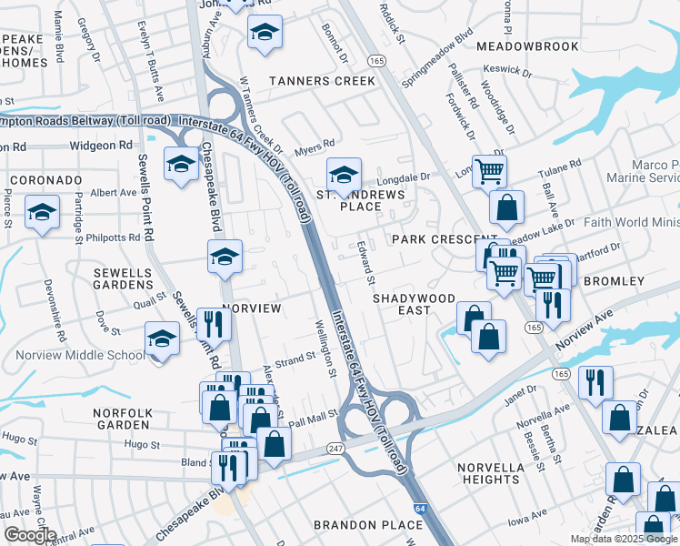 map of restaurants, bars, coffee shops, grocery stores, and more near 1333 Picadilly Street in Norfolk