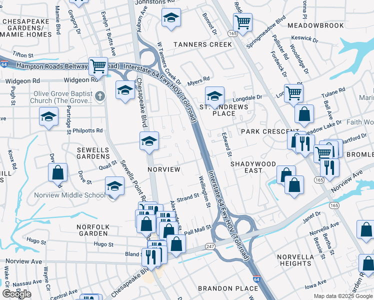 map of restaurants, bars, coffee shops, grocery stores, and more near 1260 Picadilly Street in Norfolk