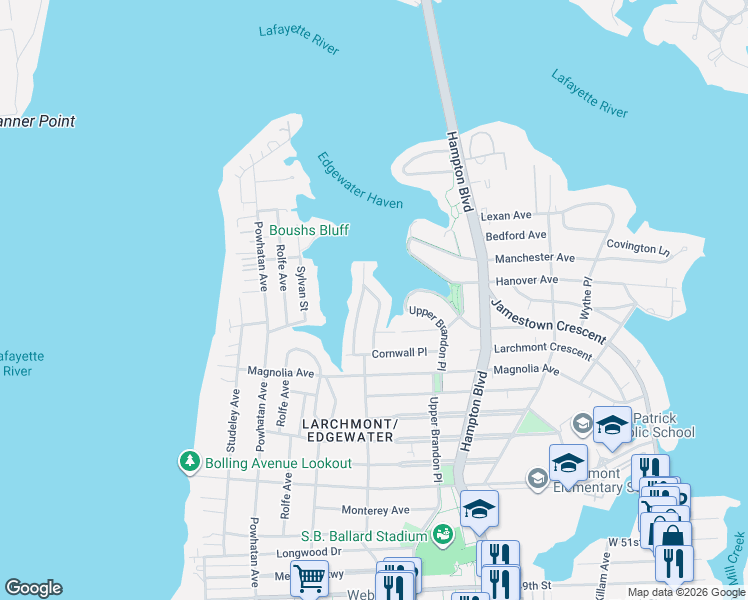map of restaurants, bars, coffee shops, grocery stores, and more near 6037 Eastwood Terrace in Norfolk