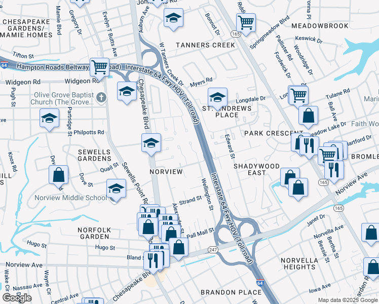 map of restaurants, bars, coffee shops, grocery stores, and more near 1260 Picadilly Street in Norfolk