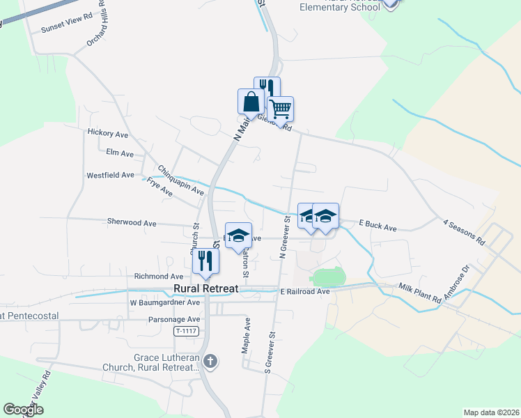 map of restaurants, bars, coffee shops, grocery stores, and more near 202 East Buck Avenue in Rural Retreat