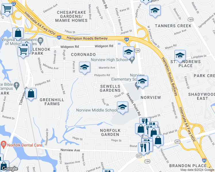 map of restaurants, bars, coffee shops, grocery stores, and more near 6440 Clare Road in Norfolk