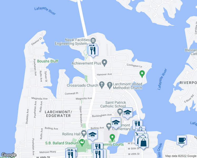 map of restaurants, bars, coffee shops, grocery stores, and more near 1150 Jamestown Crescent in Norfolk