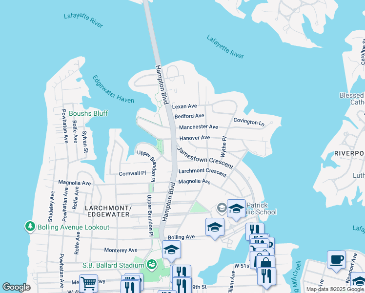map of restaurants, bars, coffee shops, grocery stores, and more near 1150 Jamestown Crescent in Norfolk